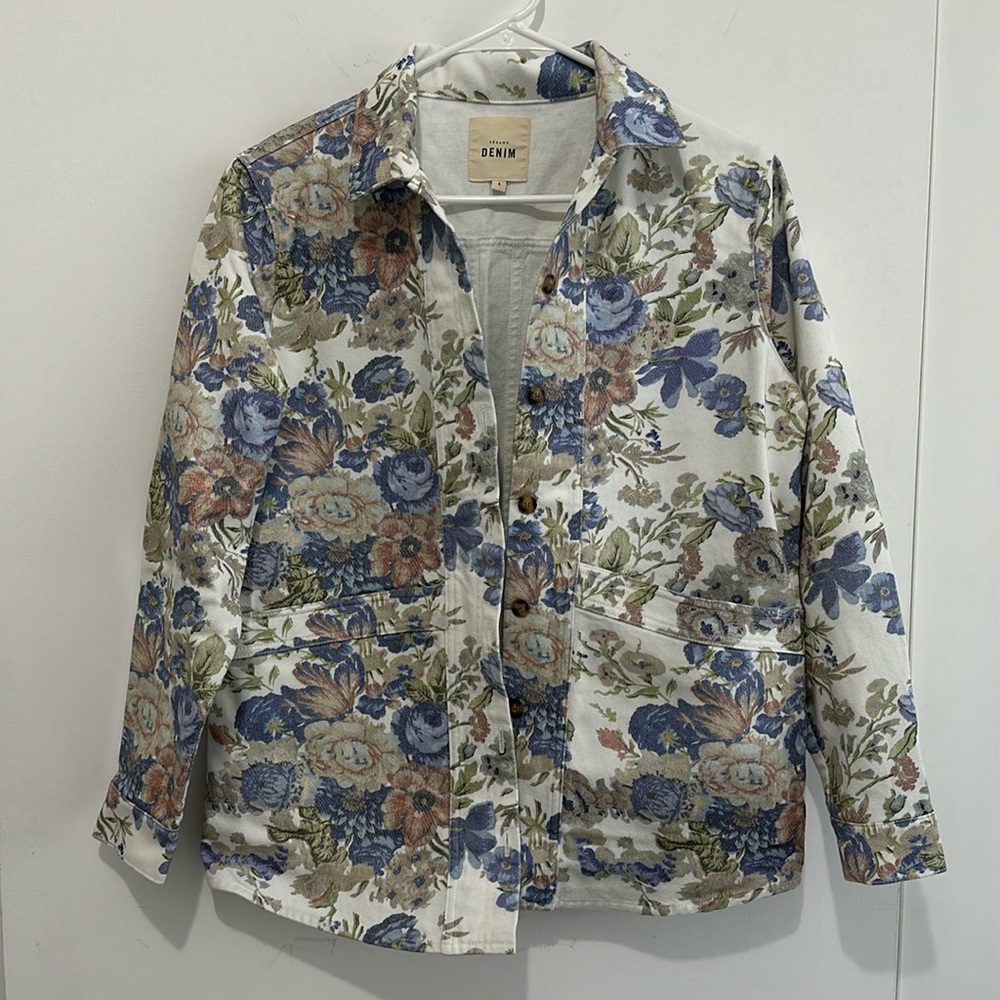 Sezane Floral-Print Jean Jacket in Cream, Blue, Olive